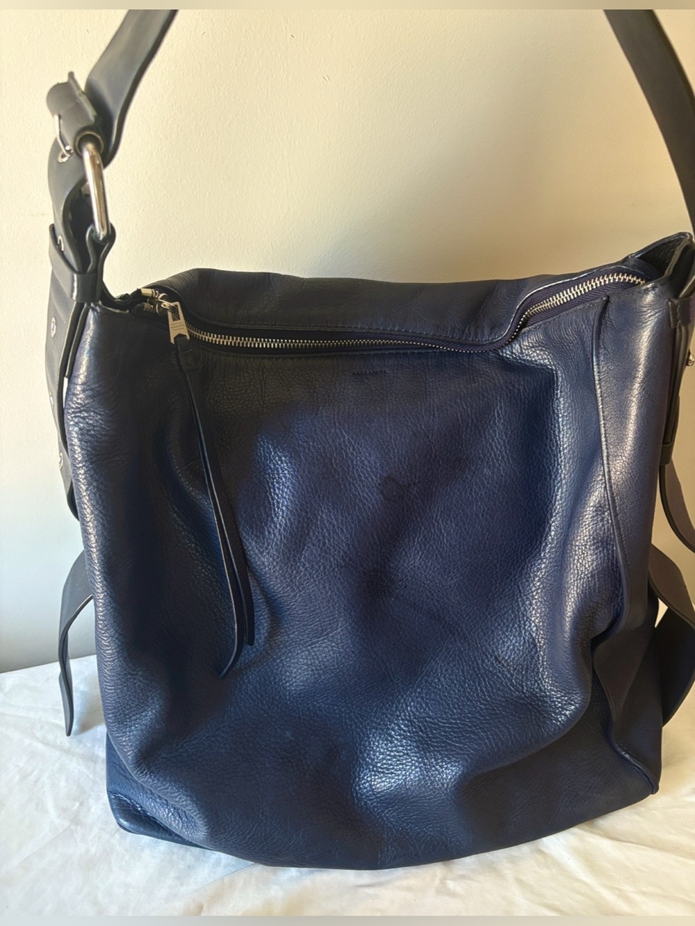 ALL SAINTS Navy Leather Zoku Hobo Shoulder Bag
